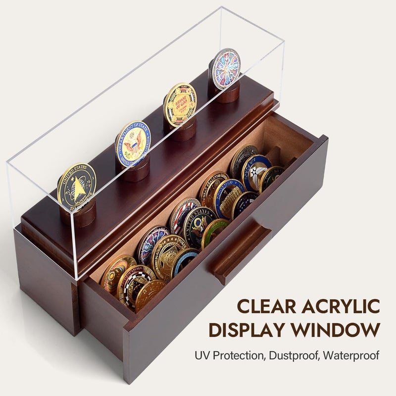 ULTRGEE Challenge Coin Display Case, Military Coin Collection Holder with Wooden Coin Box, Drawers, and Clear Acrylic Lid – Gifts for Coins Collectors (4 Pillars) - Image 4